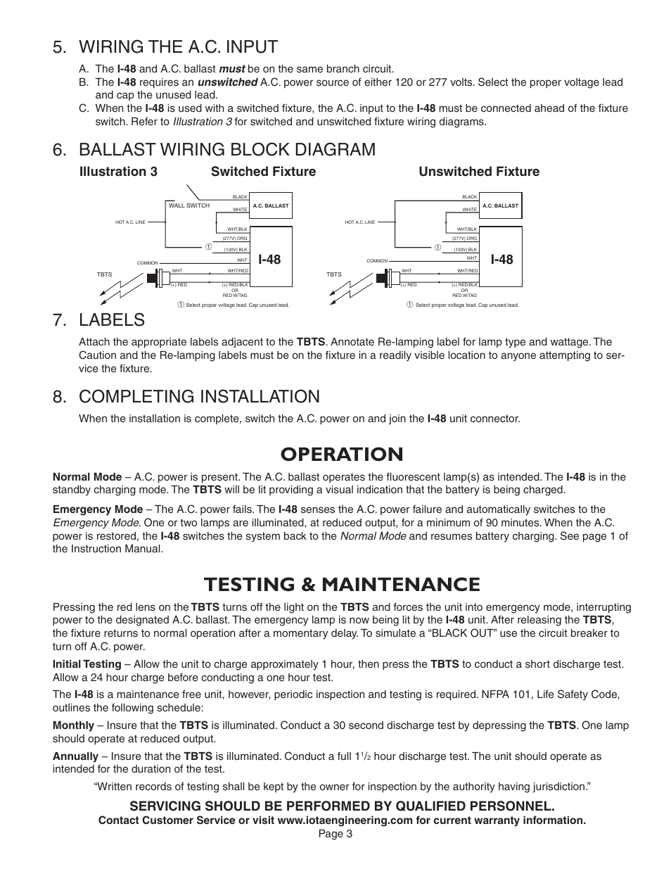 Operation, Testing & maintenance, Wiring the a.c. input | Ballast wiring block diagram, Labels, Completing installation | IOTA I-48 User Manual | Page 3 / 4