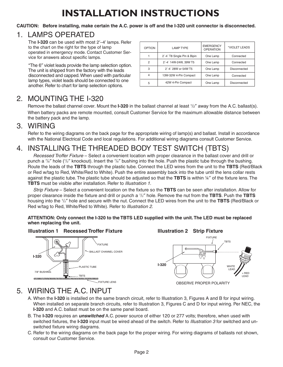 Installation instructions, Lamps operated, Mounting the i-320 | Wiring, Installing the threaded body test switch (tbts), Wiring the a.c. input, Illustration 1 recessed troffer fixture, Illustration 2 strip fixture | IOTA I-320 User Manual | Page 2 / 5