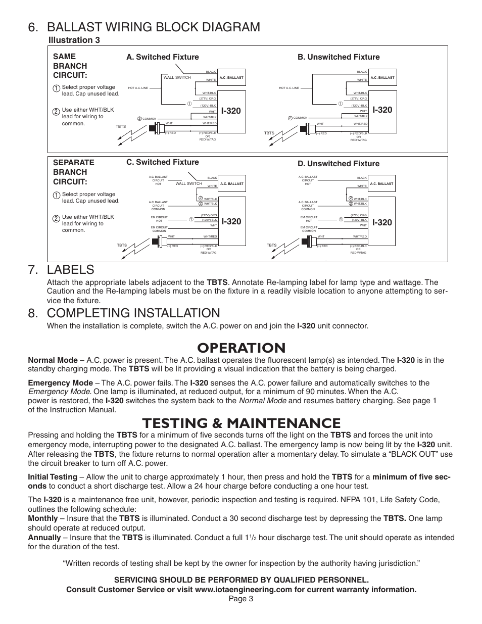 Operation, Testing & maintenance, Ballast wiring block diagram | Labels, Completing installation, Illustration 3, I-320, Page 3, B. unswitched fixture | IOTA I-320 User Manual | Page 3 / 5