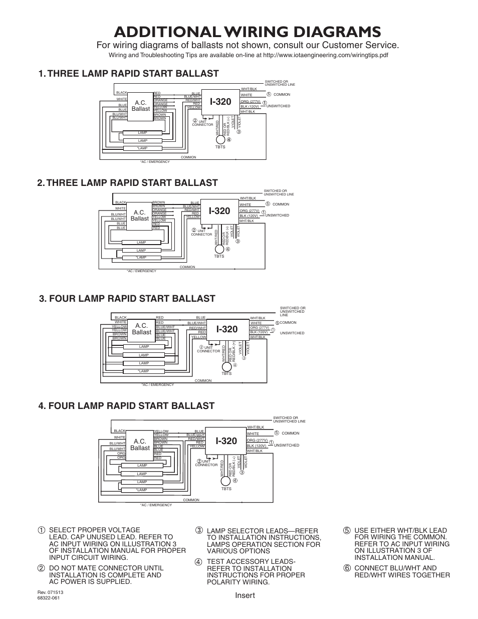 Additional wiring diagrams, I-320, Three lamp rapid start ballast | Page 5, Insert, A.c. ballast | IOTA I-320 User Manual | Page 5 / 5