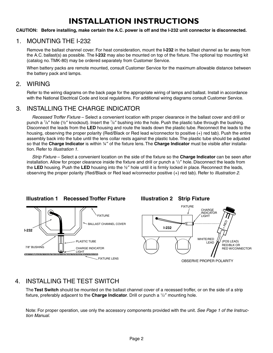 Installation instructions, Mounting the i-232, Wiring | Installing the charge indicator, Installing the test switch, Illustration 1 recessed troffer fixture, Illustration 2 strip fixture | IOTA I-232 User Manual | Page 2 / 4