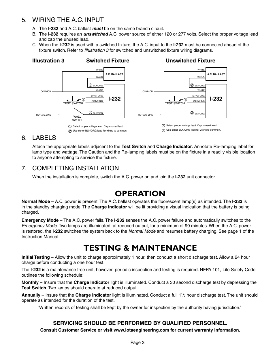 Operation, Testing & maintenance, Wiring the a.c. input | Labels, Completing installation | IOTA I-232 User Manual | Page 3 / 4