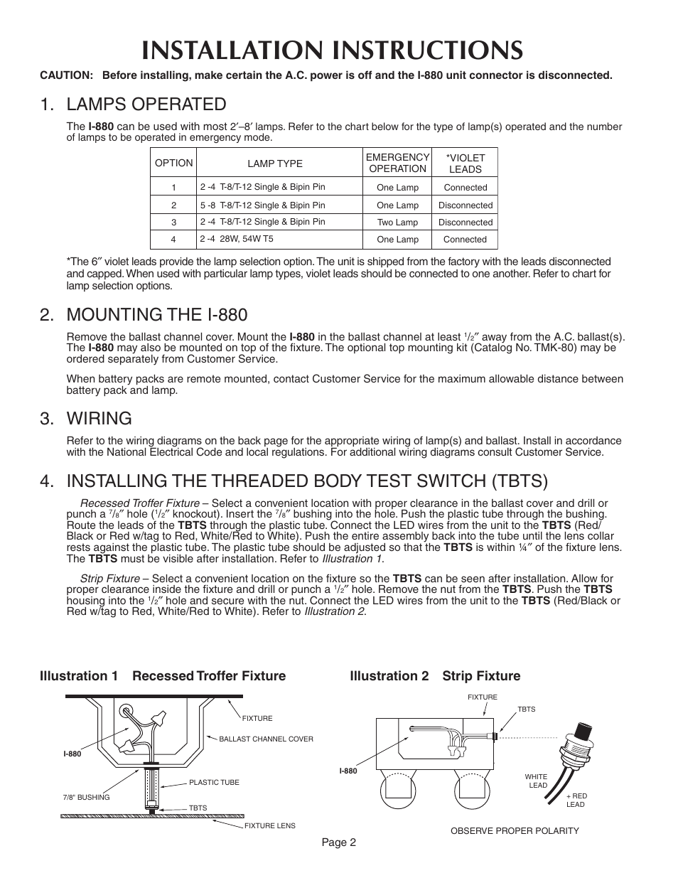 Installation instructions, Lamps operated, Mounting the i-880 | Wiring, Installing the threaded body test switch (tbts), Illustration 1 recessed troffer fixture, Illustration 2 strip fixture | IOTA I-880 User Manual | Page 2 / 5