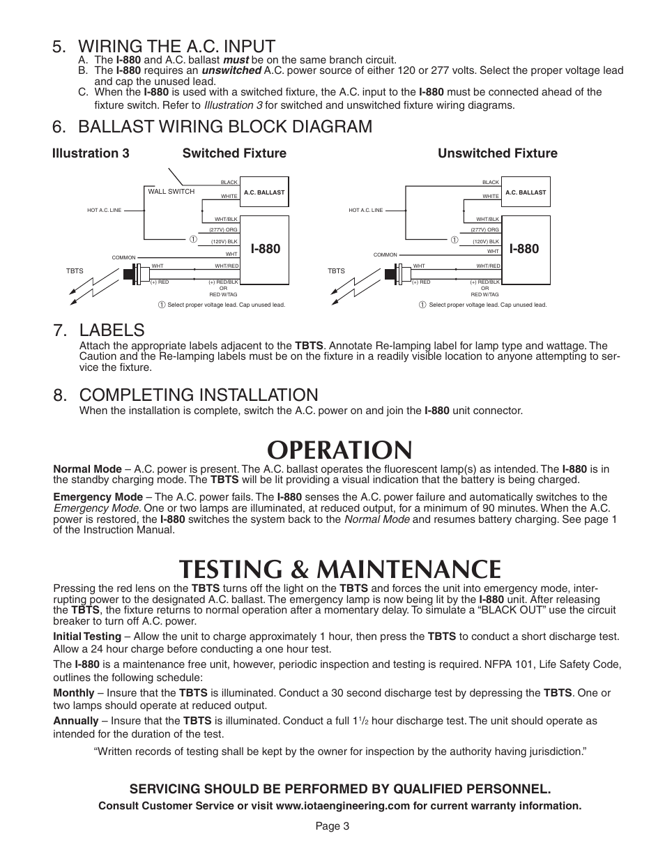 Operation, Testing & maintenance, Wiring the a.c. input | Ballast wiring block diagram, Labels, Completing installation | IOTA I-880 User Manual | Page 3 / 5