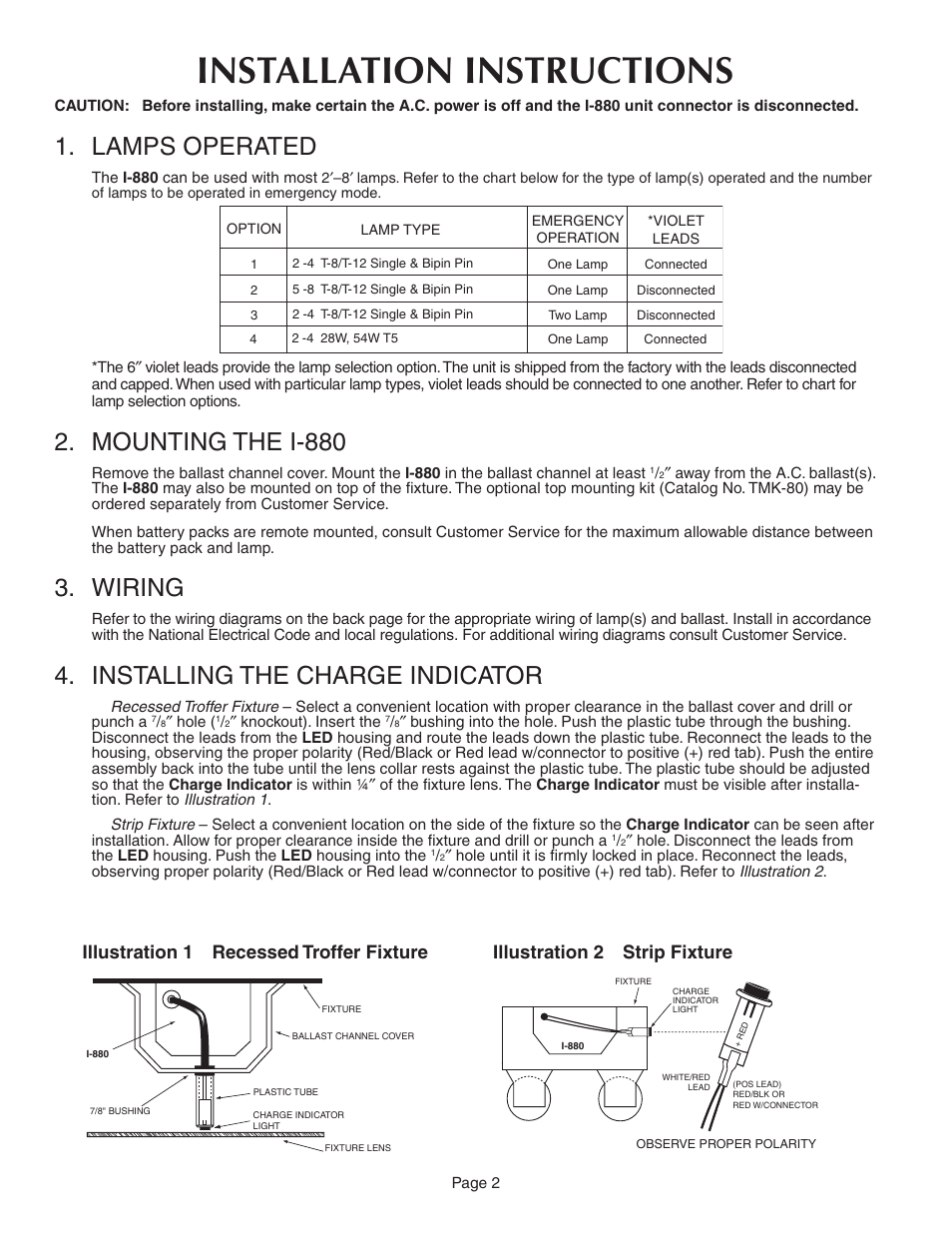 Installation instructions, Lamps operated, Mounting the i-880 | Wiring, Installing the charge indicator, Illustration 1 recessed troffer fixture, Illustration 2 strip fixture | IOTA I-880 User Manual | Page 2 / 5