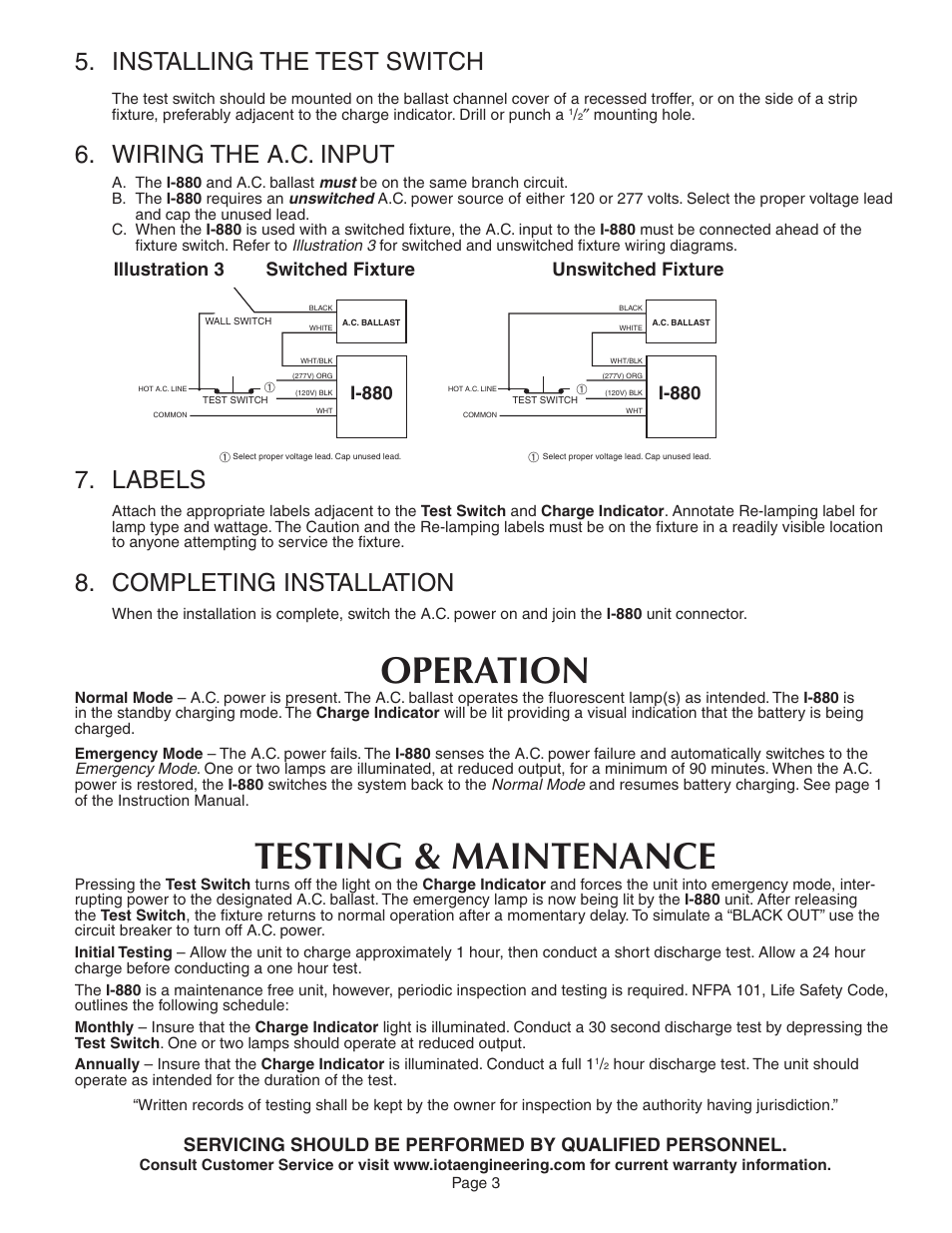 Operation, Testing & maintenance, Installing the test switch | Wiring the a.c. input, Labels, Completing installation | IOTA I-880 User Manual | Page 3 / 5