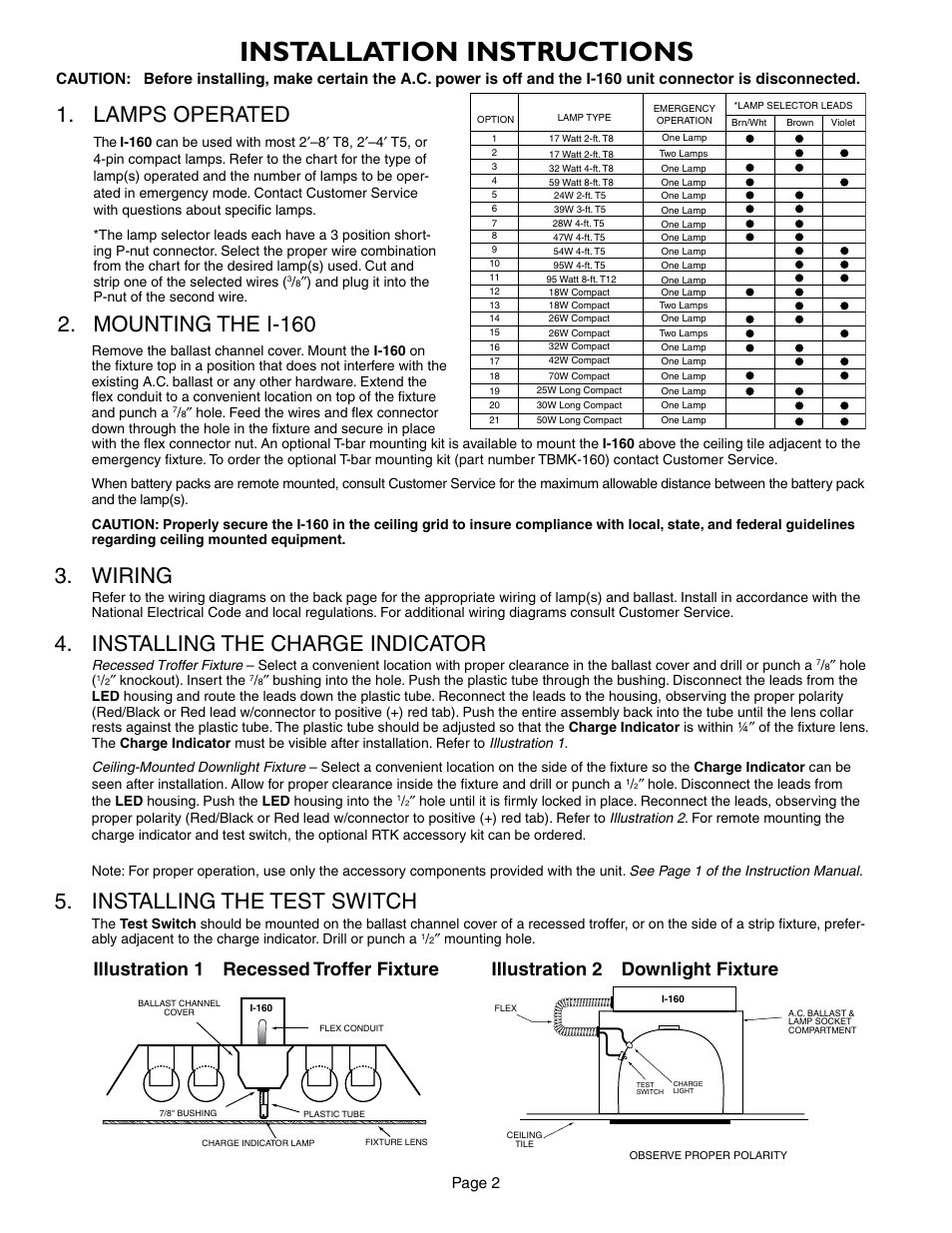 Installation instructions, Lamps operated, Mounting the i-160 | Wiring, Installing the charge indicator, Installing the test switch, Page 2 | IOTA I-160 User Manual | Page 2 / 5