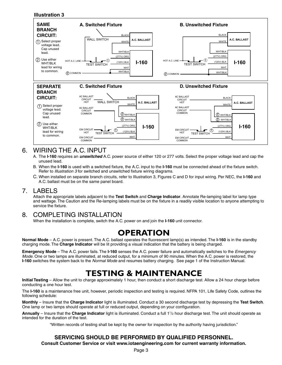 Operation, Testing & maintenance, Wiring the a.c. input | Labels, Completing installation, Illustration 3, I-160, Page 3, Separate branch circuit, B. unswitched fixture | IOTA I-160 User Manual | Page 3 / 5