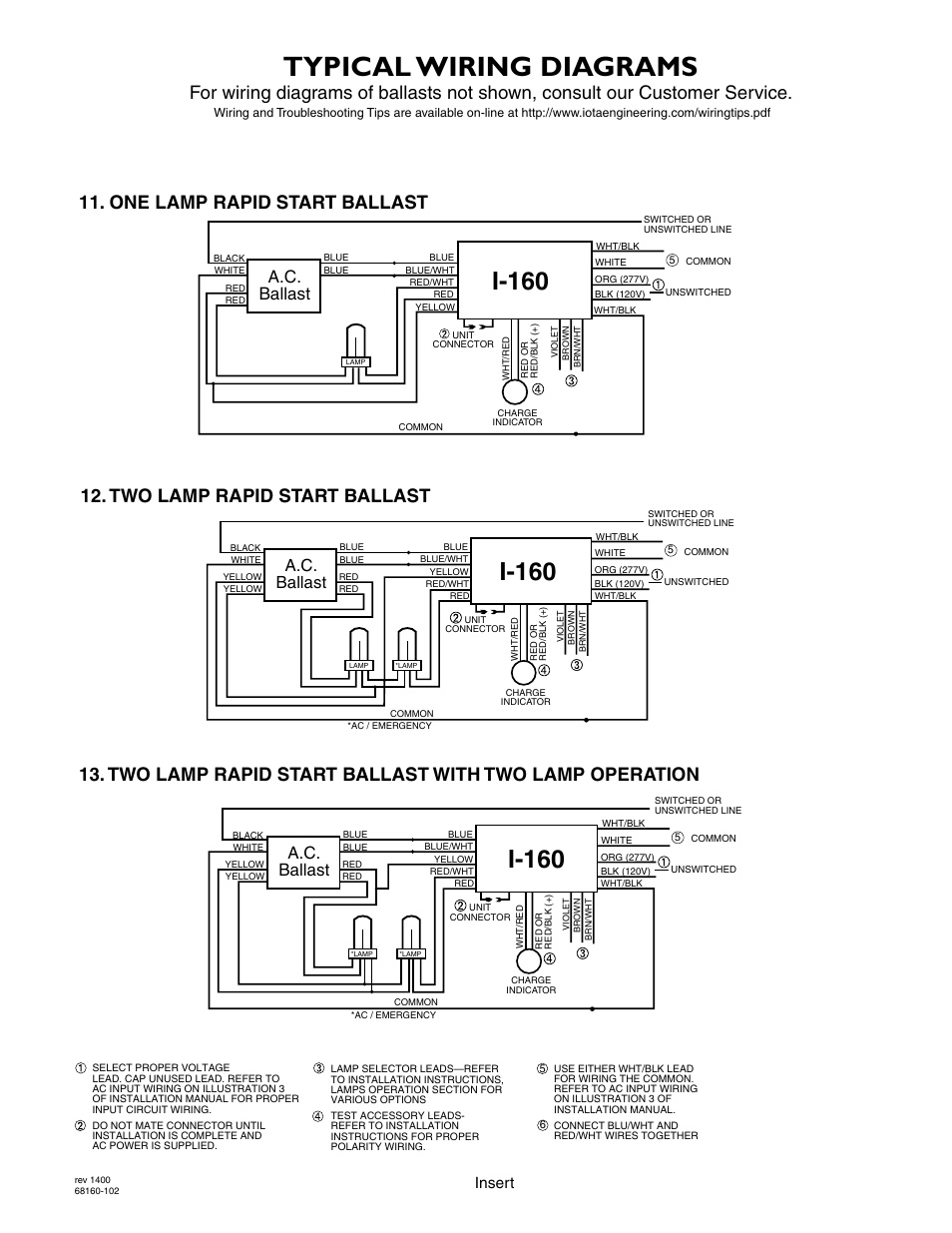 Typical wiring diagrams, I-160, A.c. ballast | Page 5, Insert | IOTA I-160 User Manual | Page 5 / 5