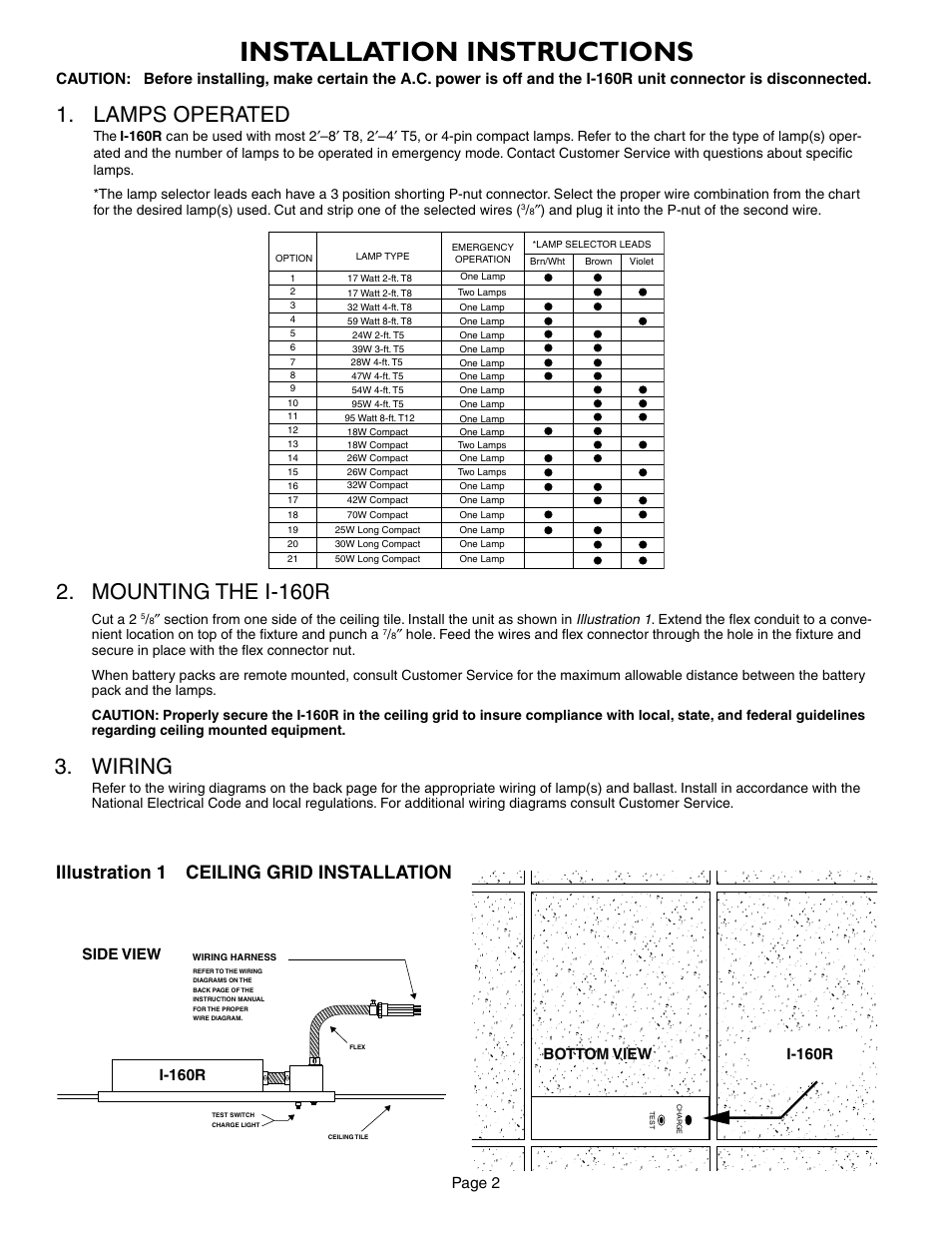 Installation instructions, Lamps operated, Mounting the i-160r | Wiring, Illustration 1 ceiling grid installation, Page 2 | IOTA I-160-R User Manual | Page 2 / 5