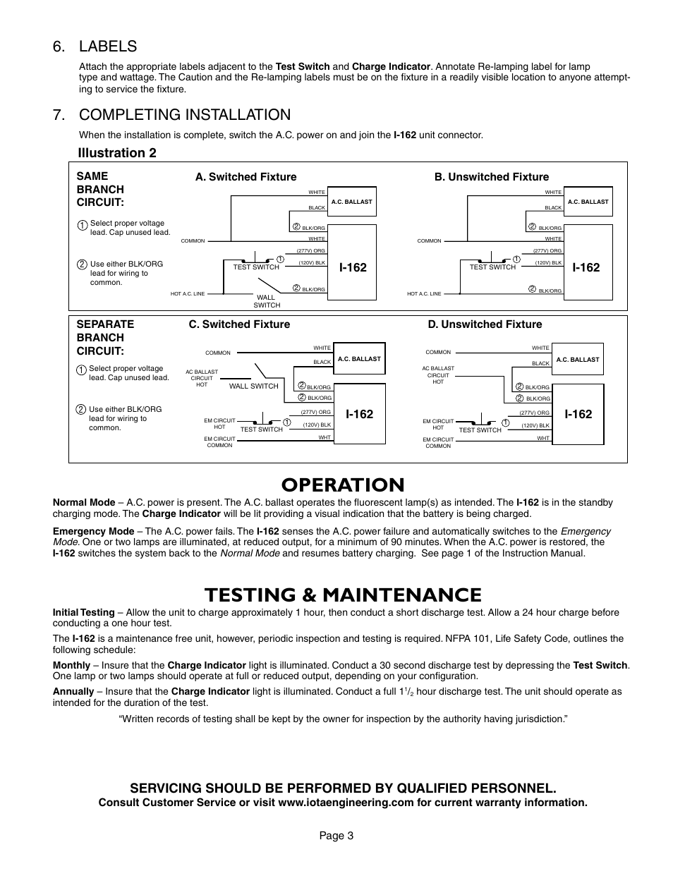 Operation, Testing & maintenance, Labels | Completing installation, Illustration 2, I-162, Page 3, B. unswitched fixture, C. switched fixture | IOTA I-162 User Manual | Page 3 / 4
