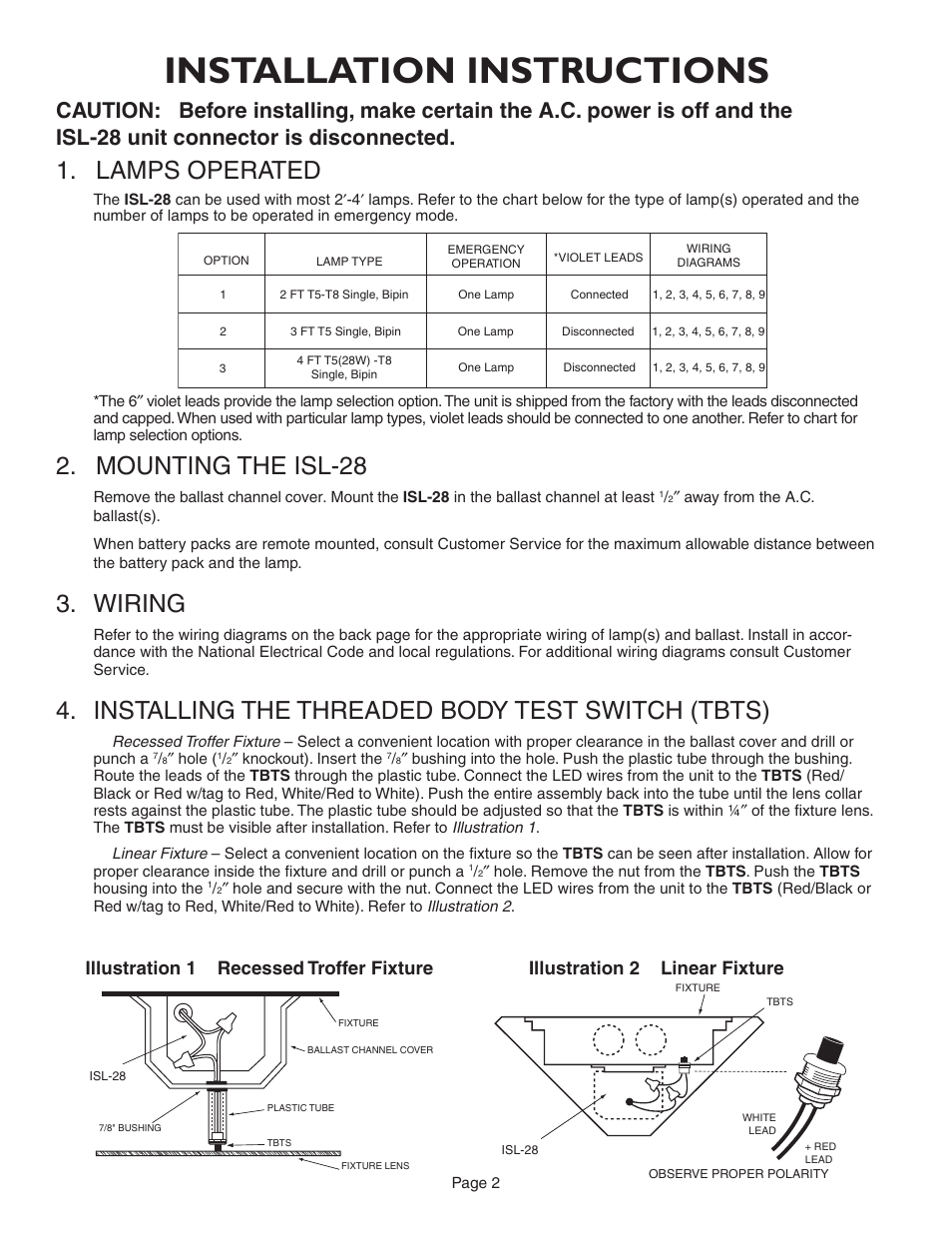 Installation instructions, Lamps operated, Mounting the isl-28 | Wiring, Installing the threaded body test switch (tbts) | IOTA ISL-28 User Manual | Page 2 / 5