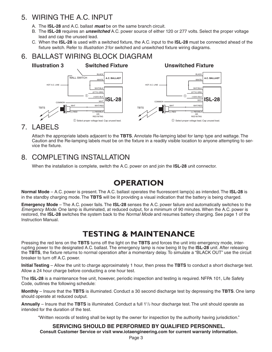 Operation, Testing & maintenance, Wiring the a.c. input | Ballast wiring block diagram 7. labels, Completing installation | IOTA ISL-28 User Manual | Page 3 / 5