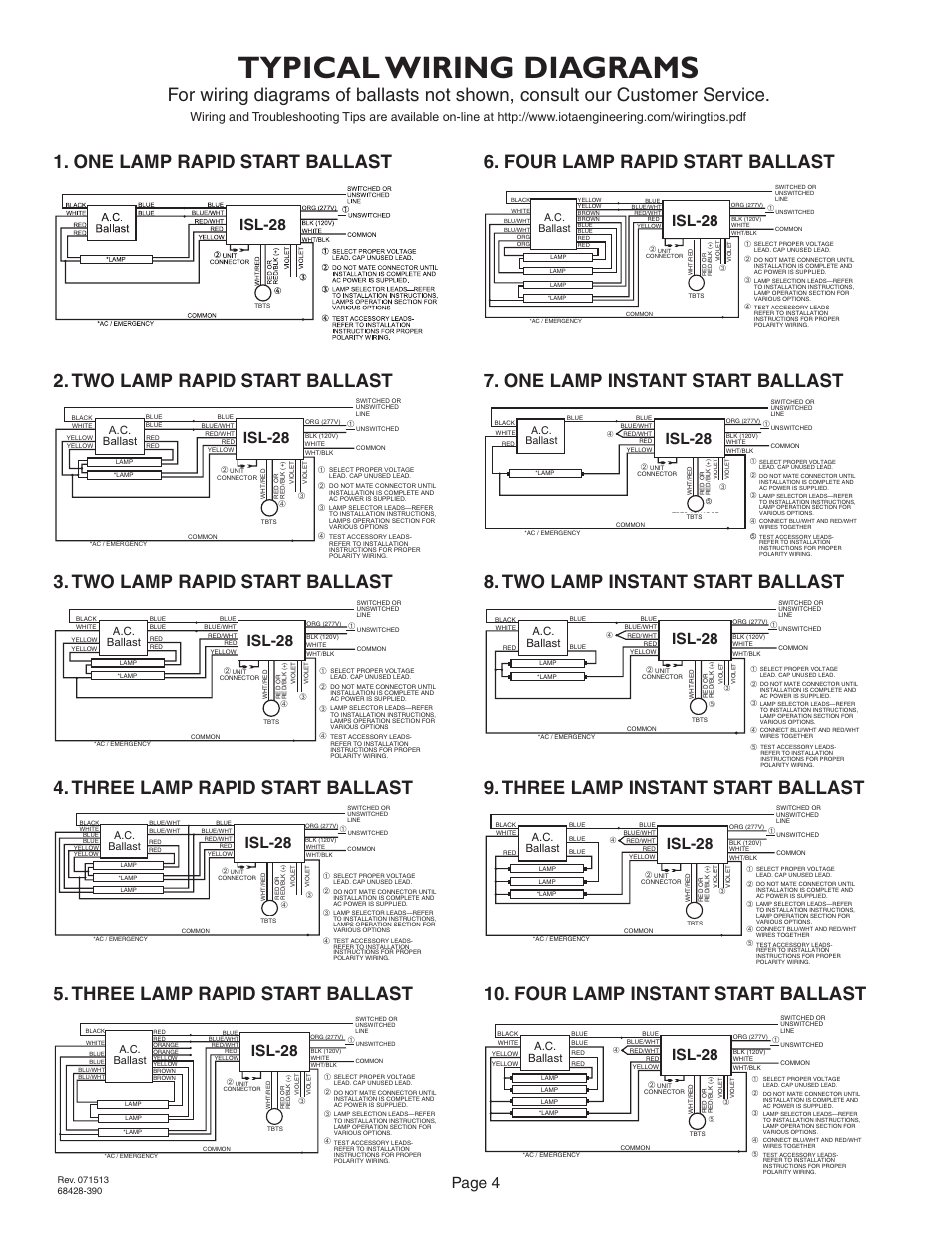 Typical wiring diagrams, Two lamp rapid start ballast, Three lamp rapid start ballast | Page 4, Isl-28, A.c. ballast | IOTA ISL-28 User Manual | Page 4 / 5