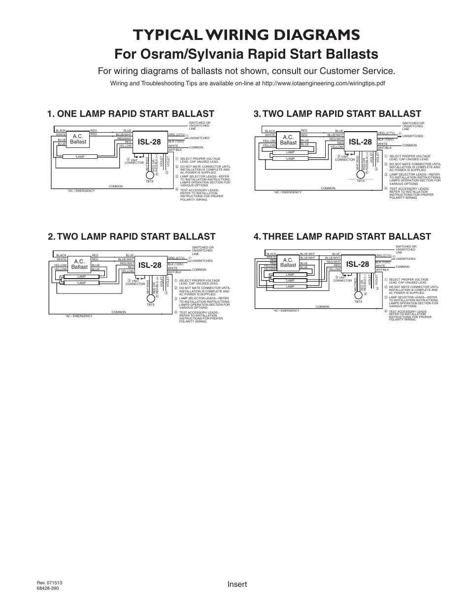 Typical wiring diagrams, For osram/sylvania rapid start ballasts, Page 5 | Insert, Isl-28, A.c. ballast | IOTA ISL-28 User Manual | Page 5 / 5