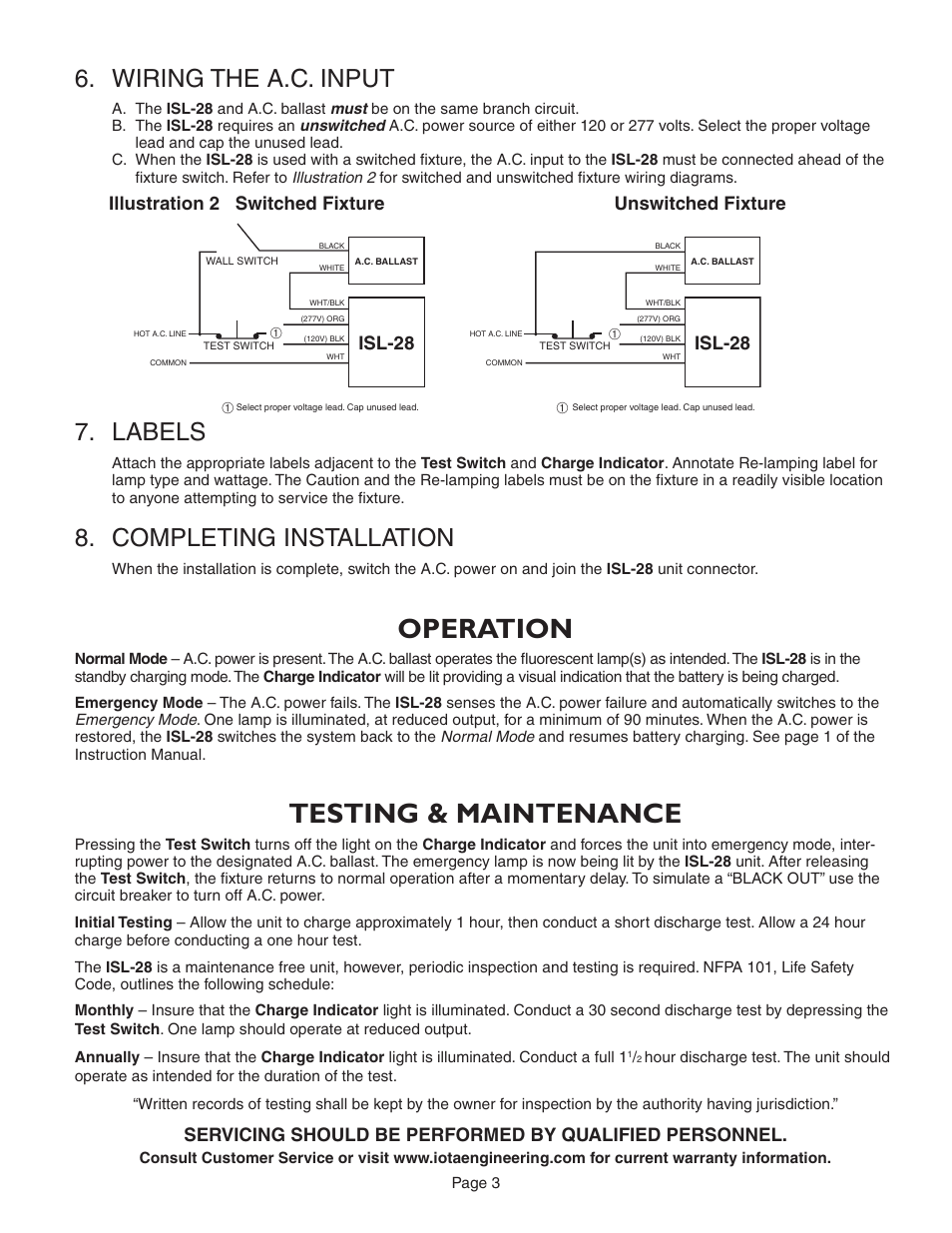 Operation, Testing & maintenance, Wiring the a.c. input | Labels, Completing installation | IOTA ISL-28 User Manual | Page 3 / 5