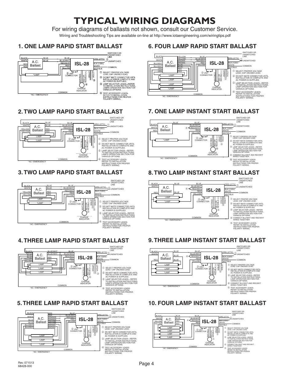 Typical wiring diagrams, Two lamp rapid start ballast, Three lamp rapid start ballast | Page 4, Isl-28, A.c. ballast | IOTA ISL-28 User Manual | Page 4 / 5