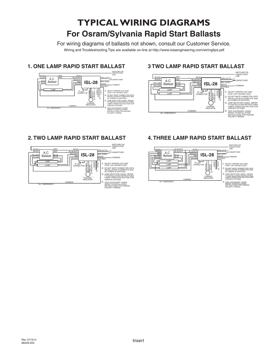 Typical wiring diagrams, For osram/sylvania rapid start ballasts, Page 5 | Insert, Isl-28, A.c. ballast | IOTA ISL-28 User Manual | Page 5 / 5
