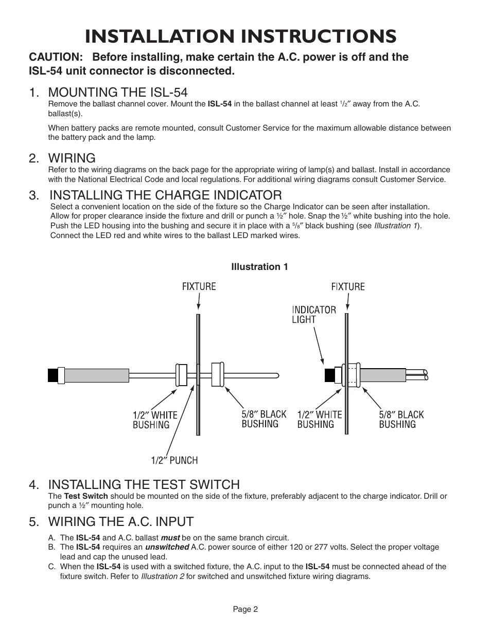 Installation instructions, Mounting the isl-54, Wiring | Installing the charge indicator, Installing the test switch, Wiring the a.c. input | IOTA ISL-54 User Manual | Page 2 / 5