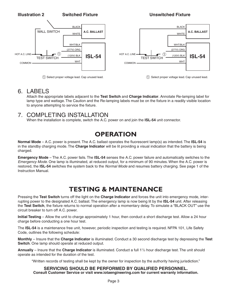 Operation, Testing & maintenance, Labels | Completing installation, Isl-54 | IOTA ISL-54 User Manual | Page 3 / 5