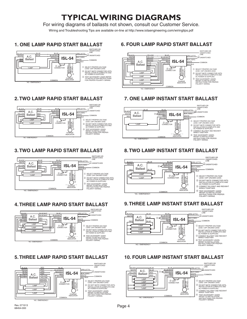 Typical wiring diagrams, Two lamp rapid start ballast, Three lamp rapid start ballast | Page 4, Isl-54, A.c. ballast | IOTA ISL-54 User Manual | Page 4 / 5