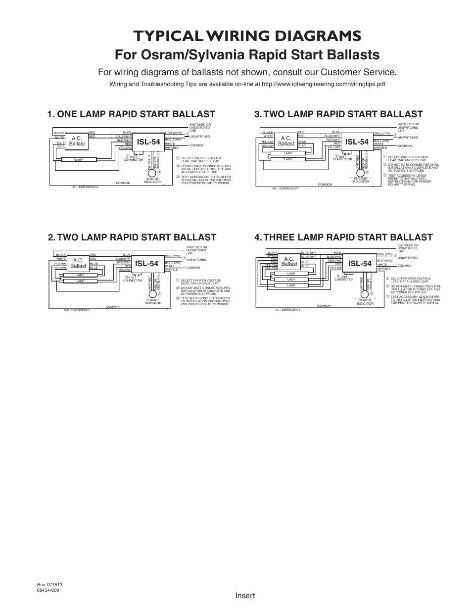 Typical wiring diagrams, For osram/sylvania rapid start ballasts, Page 5 | Isl-54, Insert | IOTA ISL-54 User Manual | Page 5 / 5