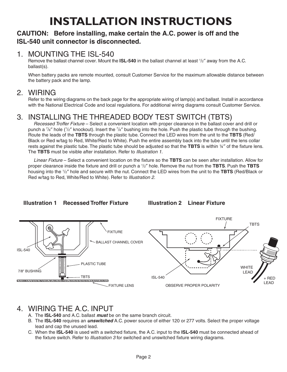 Installation instructions, Mounting the isl-540, Wiring | Installing the threaded body test switch (tbts), Wiring the a.c. input | IOTA ISL-540-35W User Manual | Page 2 / 5