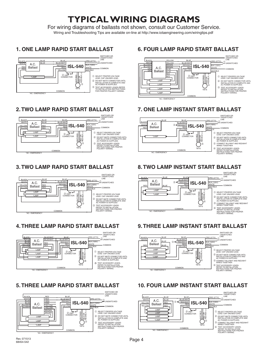 Typical wiring diagrams, Two lamp rapid start ballast, Three lamp rapid start ballast | Page 4, Isl-540, A.c. ballast | IOTA ISL-540-35W User Manual | Page 4 / 5