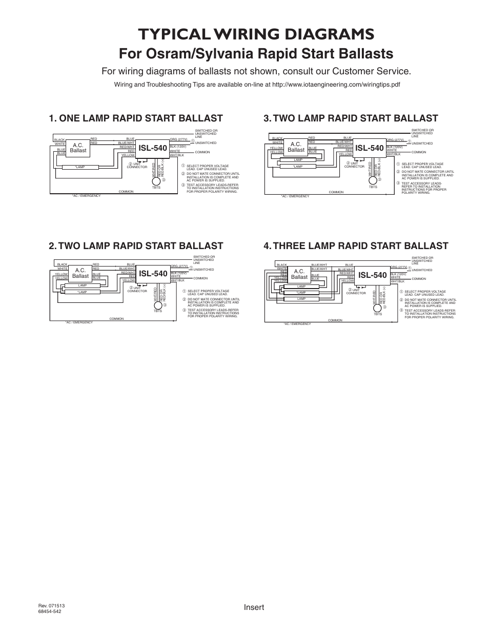 Typical wiring diagrams, For osram/sylvania rapid start ballasts, Page 5 | Isl-540, Insert | IOTA ISL-540-35W User Manual | Page 5 / 5