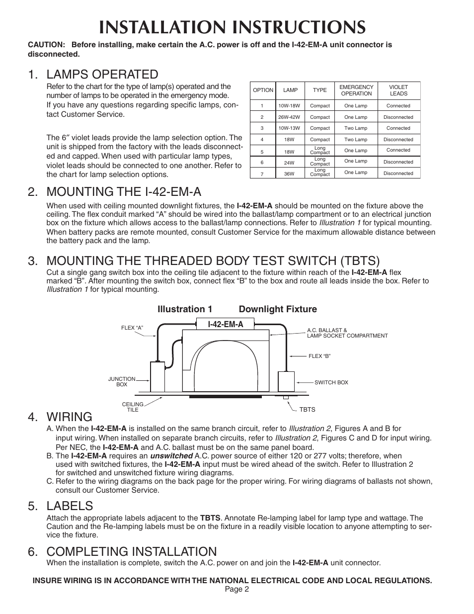 Installation instructions, Lamps operated 2. mounting the i-42-em-a, Mounting the threaded body test switch (tbts) | Wiring, Labels, Completing installation, Illustration 1 downlight fixture, I-42-em-a | IOTA I-42-EM-A User Manual | Page 2 / 4