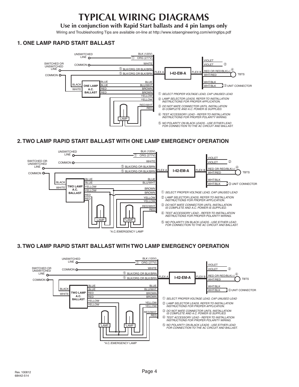 Typical wiring diagrams, Page 4, 2lrsb42a_ac two lamp rapid start ballast | IOTA I-42-EM-A User Manual | Page 4 / 4