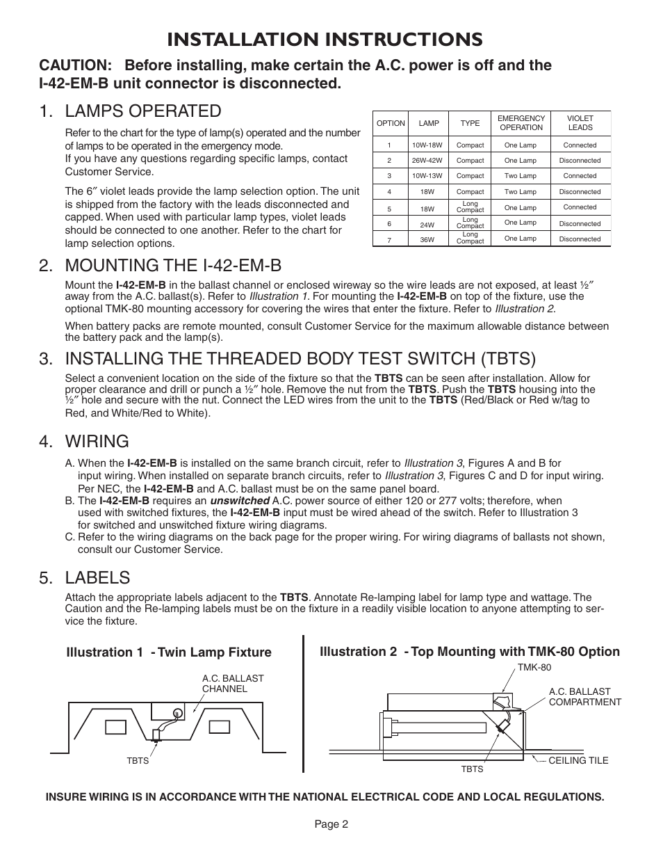 Installation instructions, Lamps operated, Mounting the i-42-em-b | Installing the threaded body test switch (tbts), Wiring, Labels, Illustration 1 - twin lamp fixture, Illustration 2 - top mounting with tmk-80 option | IOTA I-42-EM-B User Manual | Page 2 / 4