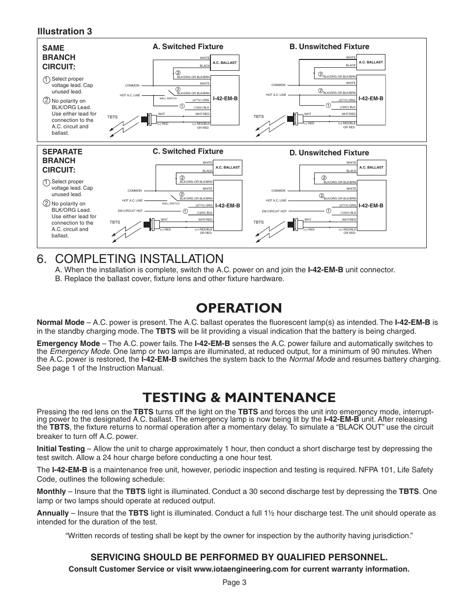 Operation, Testing & maintenance, Completing installation | Illustration 3, Page 3 | IOTA I-42-EM-B User Manual | Page 3 / 4