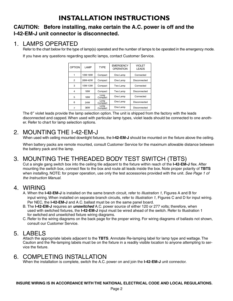 Installation instructions, Lamps operated, Mounting the i-42-em-j | Mounting the threaded body test switch (tbts), Wiring, Labels, Completing installation | IOTA I-42-EM-J User Manual | Page 2 / 4