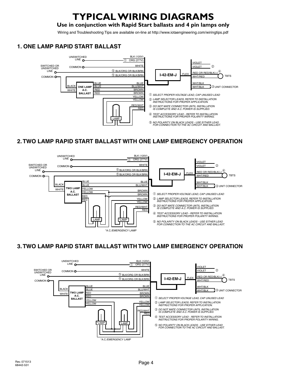 Typical wiring diagrams, Page 4, 2lrsb42j_ac two lamp rapid start ballast | IOTA I-42-EM-J User Manual | Page 4 / 4