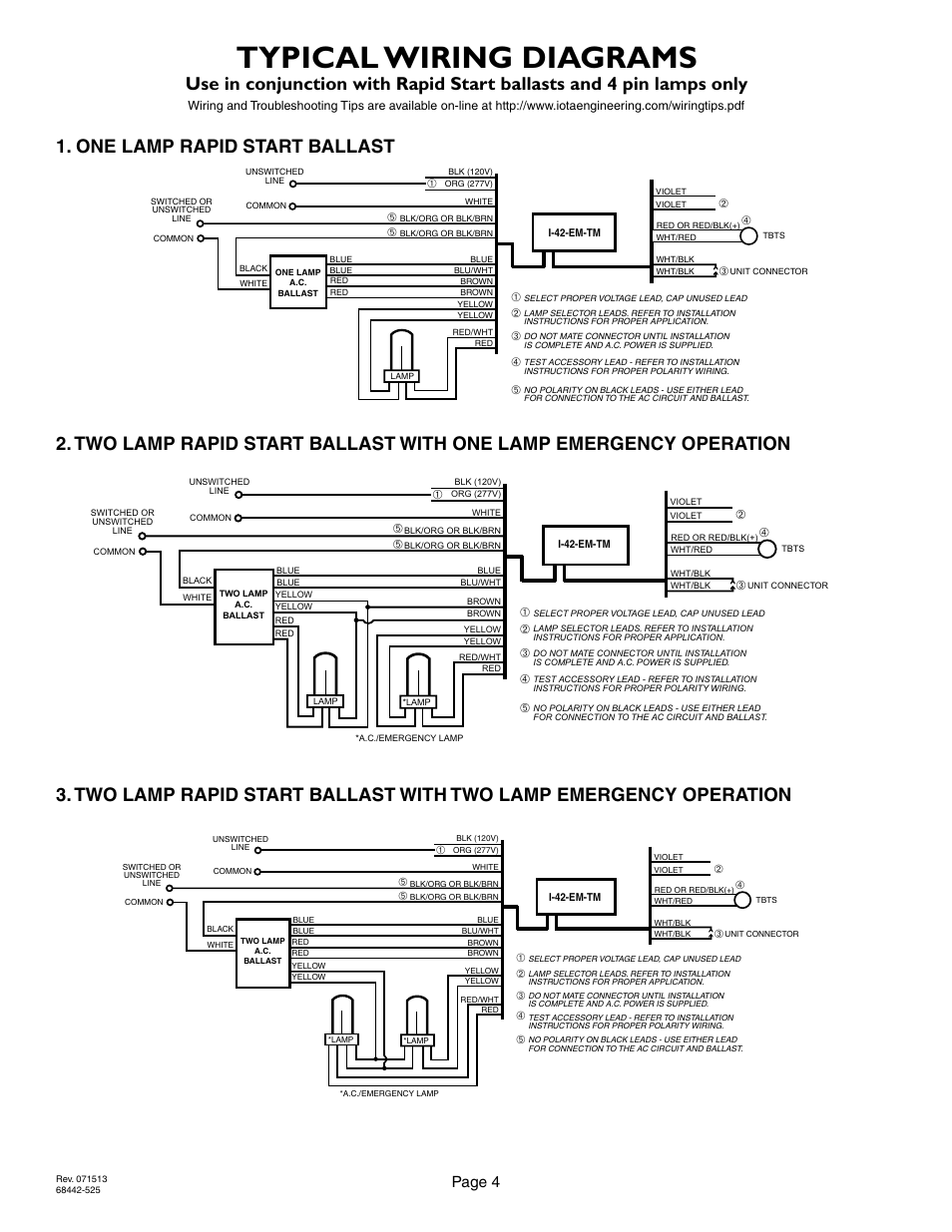 Typical wiring diagrams, Page 4, 2lrsb42tm_ac two lamp rapid start ballast | IOTA I-42-EM-TM User Manual | Page 4 / 4