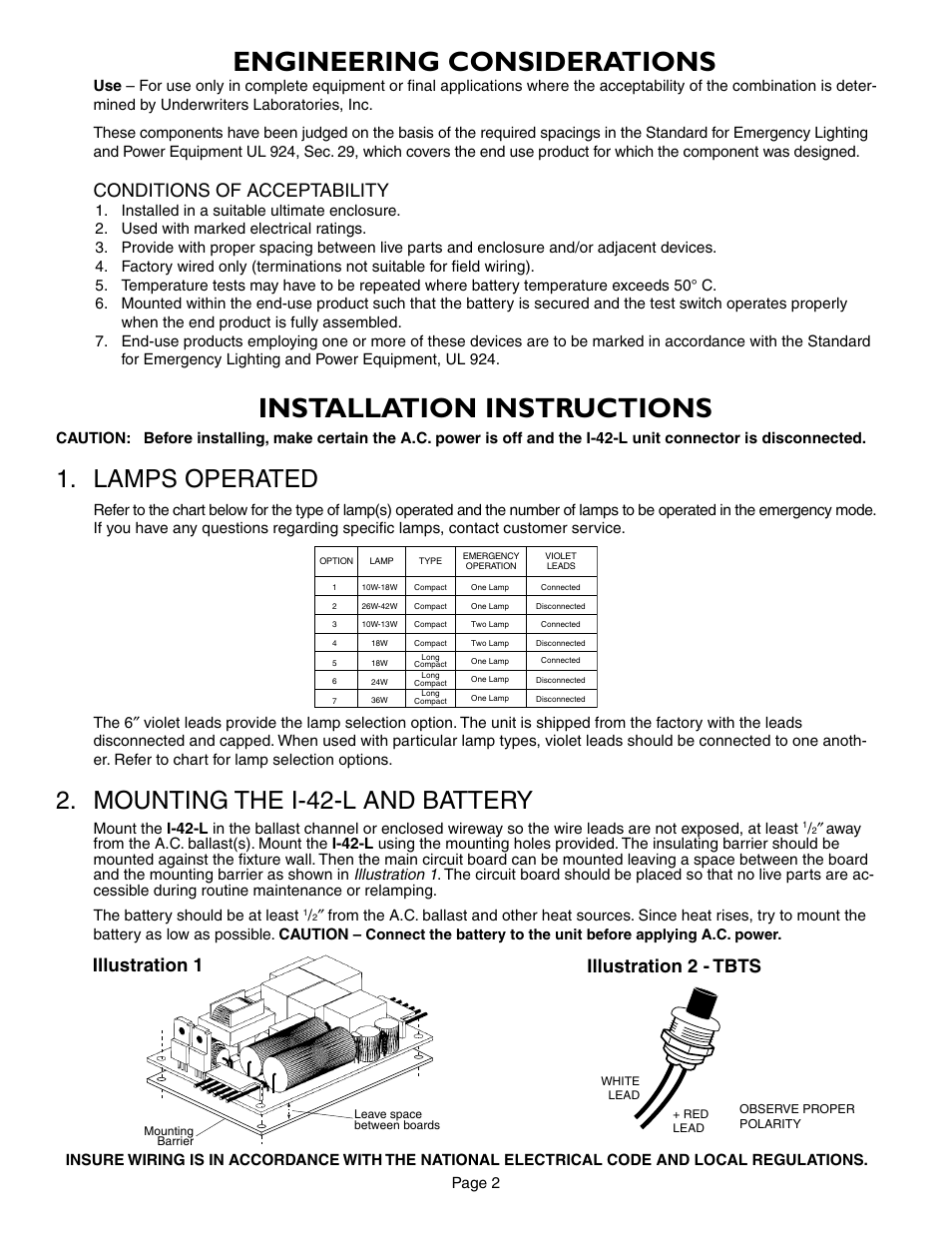 Installation instructions, Engineering considerations, Lamps operated | Mounting the i-42-l and battery, Conditions of acceptability, Illustration 1 illustration 2 - tbts, Page 2 | IOTA I-42-L User Manual | Page 2 / 5