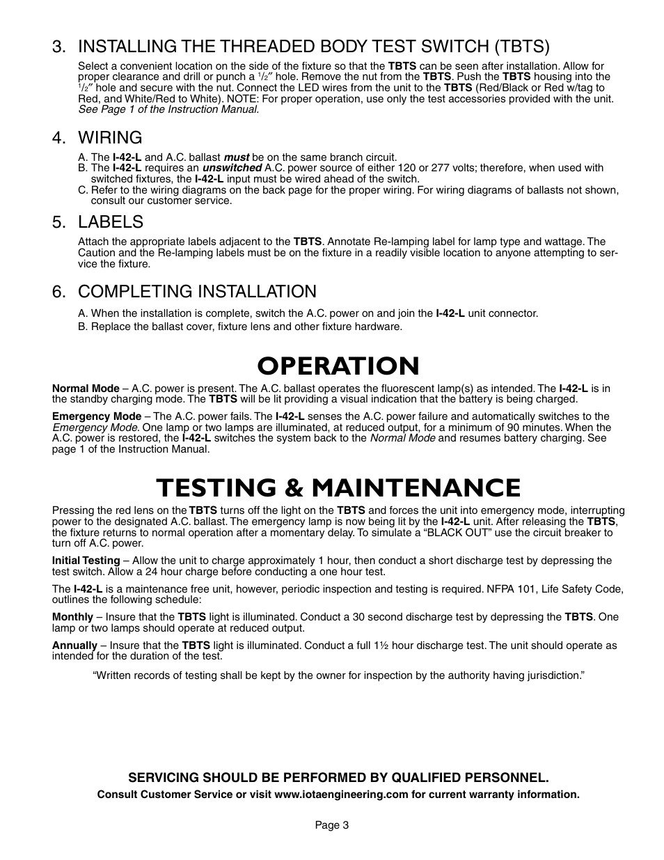 Operation, Testing & maintenance, Installing the threaded body test switch (tbts) | Wiring, Labels, Completing installation | IOTA I-42-L User Manual | Page 3 / 5