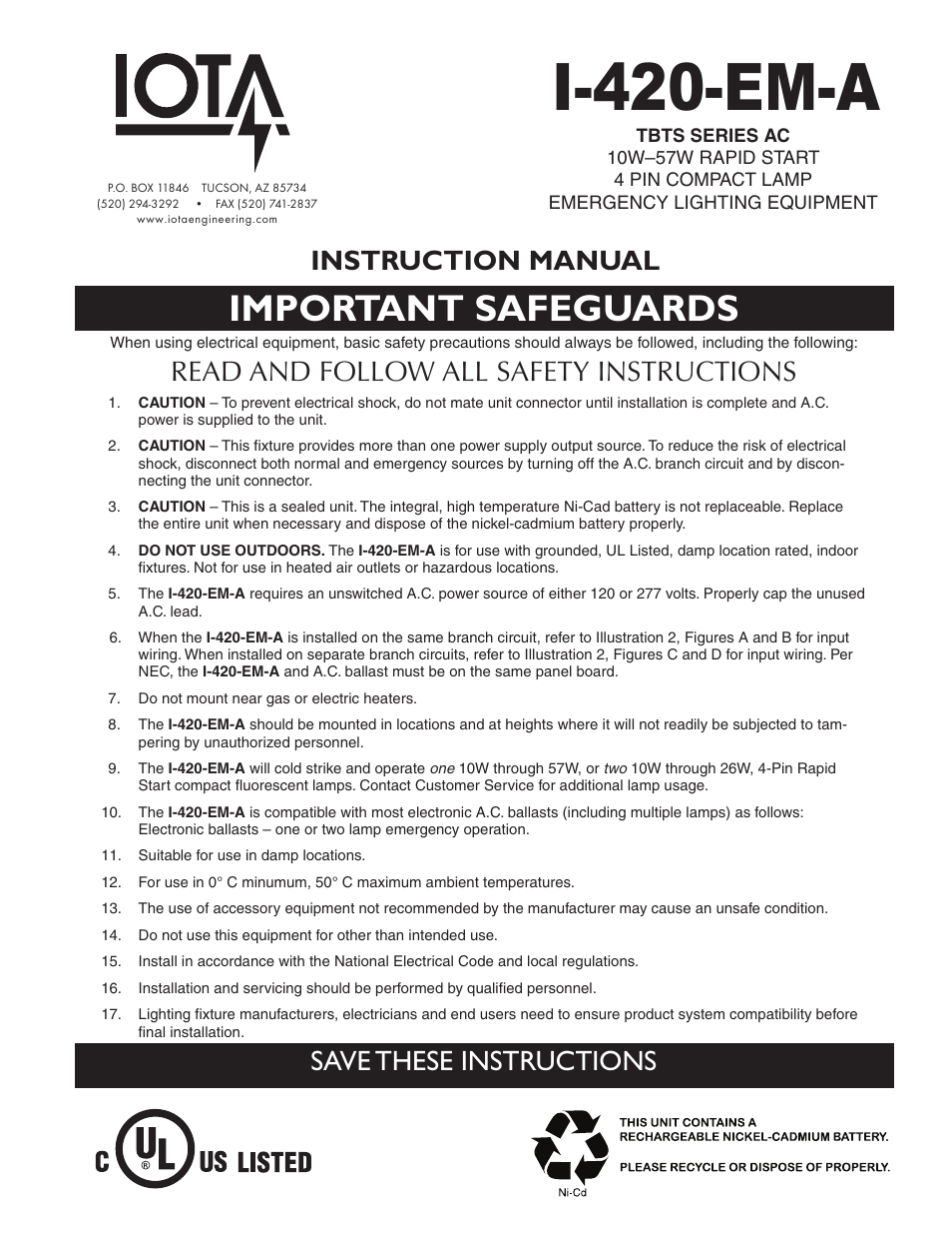 IOTA I-420-EM-A User Manual | 4 pages