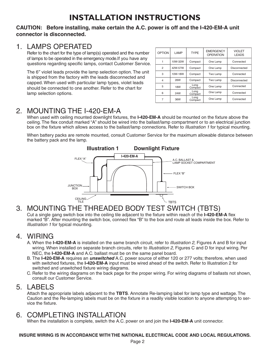 Installation instructions, Mounting the i-420-em-a, Mounting the threaded body test switch (tbts) | Wiring, Labels, Completing installation, Lamps operated, Illustration 1 downlight fixture | IOTA I-420-EM-A User Manual | Page 2 / 4