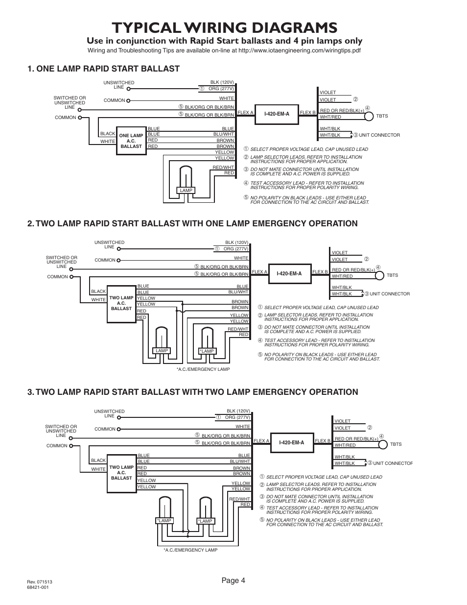 Typical wiring diagrams, Page 4, 2lrsb42a_ac two lamp rapid start ballast | IOTA I-420-EM-A User Manual | Page 4 / 4