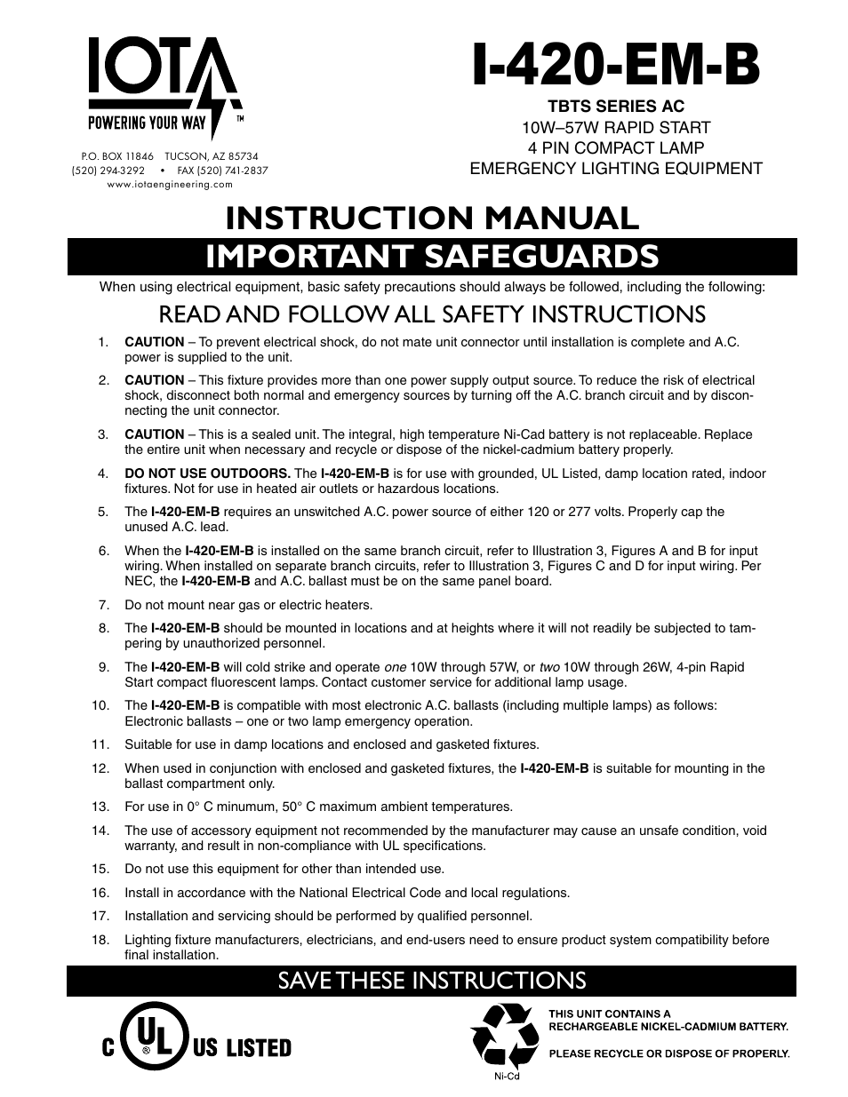 IOTA I-420-EM-B User Manual | 4 pages