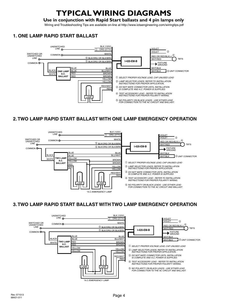 Typical wiring diagrams, Page 4, 2lrsb42b_ac two lamp rapid start ballast | IOTA I-420-EM-B User Manual | Page 4 / 4