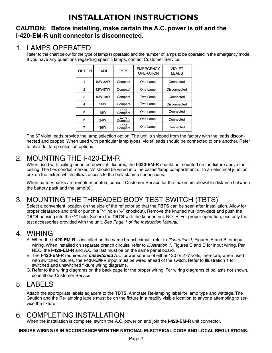 Installation instructions, Mounting the i-420-em-r, Mounting the threaded body test switch (tbts) | Wiring, Labels, Completing installation, Lamps operated | IOTA I-420-EM-R User Manual | Page 2 / 4