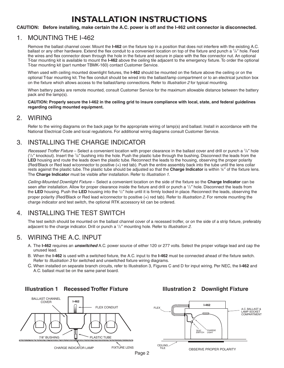 Installation instructions, Mounting the i-462, Wiring | Installing the charge indicator, Installing the test switch, Wiring the a.c. input | IOTA I-462 User Manual | Page 2 / 4