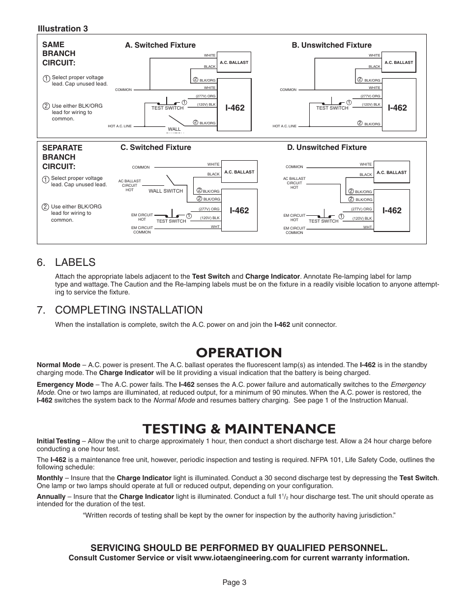 Operation, Testing & maintenance, Labels | Completing installation, Illustration 3, I-462, Page 3, Separate branch circuit, B. unswitched fixture, C. switched fixture | IOTA I-462 User Manual | Page 3 / 4