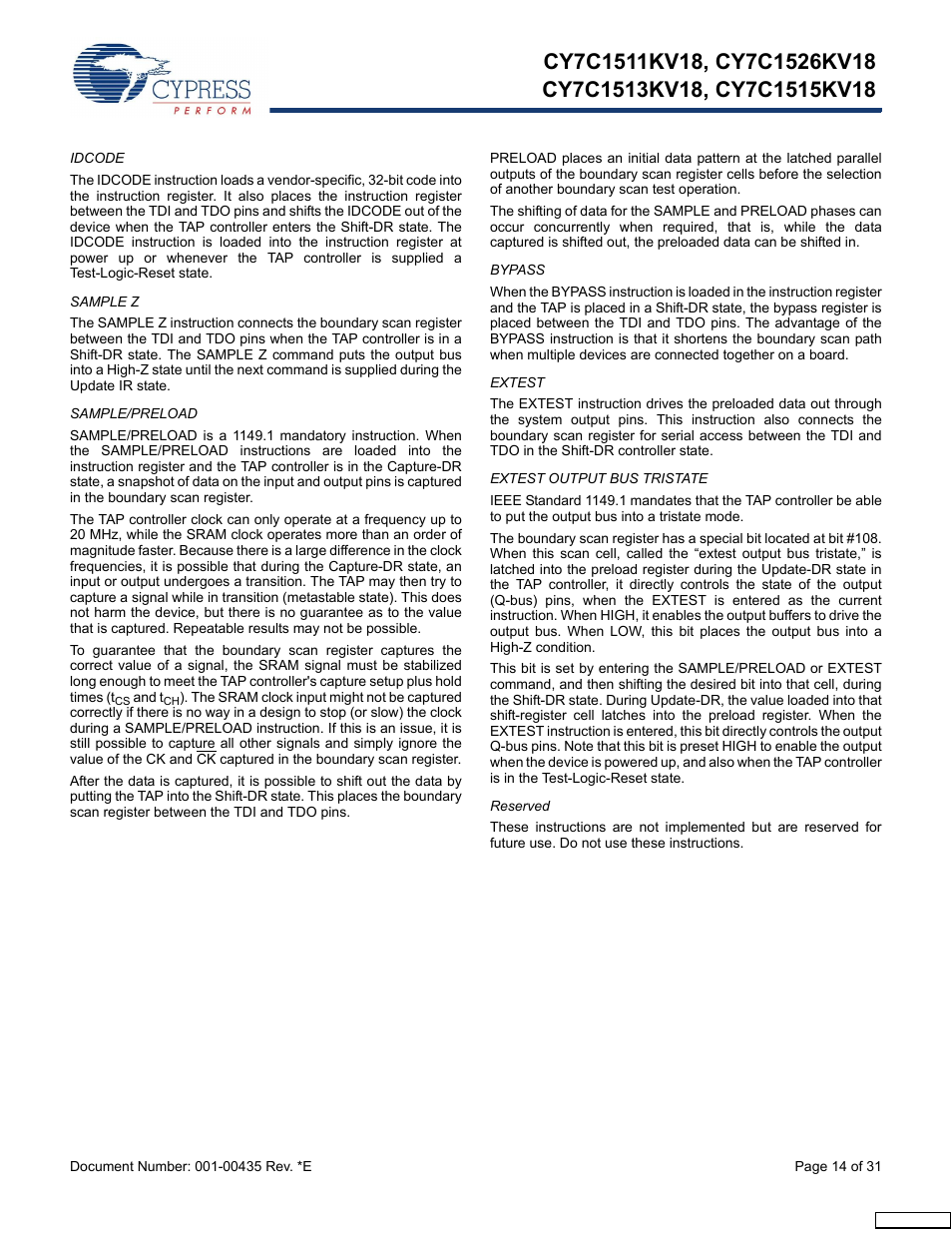 Idcode, Sample z, Sample/preload | Bypass, Extest, Extest output bus tristate, Reserved | Cypress Perform CY7C1513KV18 User Manual | Page 14 / 31