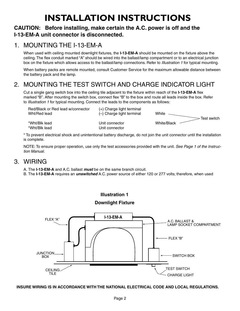 Installation instructions, Mounting the i-13-em-a, Wiring | IOTA I-13-EM-A User Manual | Page 2 / 5