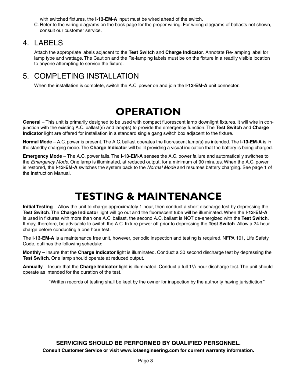 Operation, Testing & maintenance, Labels | Completing installation | IOTA I-13-EM-A User Manual | Page 3 / 5