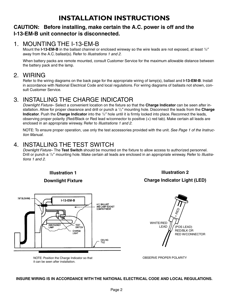 Installation instructions, Mounting the i-13-em-b, Wiring | Installing the charge indicator, Installing the test switch | IOTA I-13-EM-B User Manual | Page 2 / 5